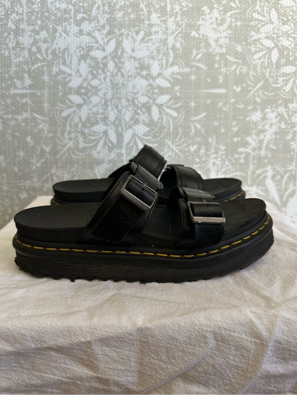 Doc Martens Black Buckle Platform Slide Sandals with Yellow Stitching